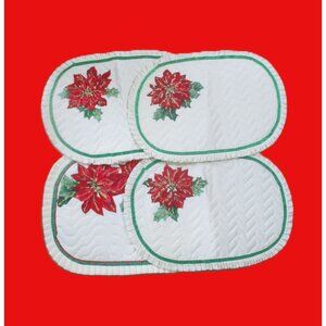 Vintage Quilted Placemats W/ Poinsettia Design & Gold Glitter Detail 18"x12" Set